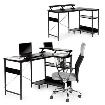 Biurko narożne komputerowe z półką stół loft 3 półki czarne metal