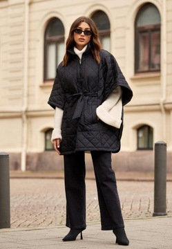 Bubbleroom NH7 per czarna pikowana kurtka oversize ponczo wiązanie L/XL