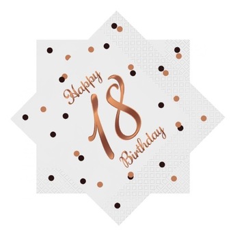 Serwetki białe Happy 18 Birthday z napisem różowo-złotym 20szt na Urodziny