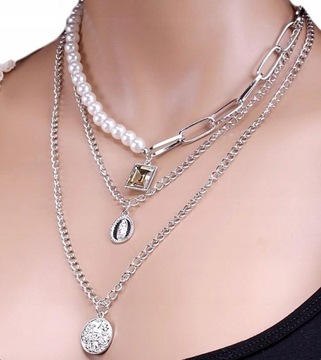 Naszyjnik Damski modny multi choker łańcuch perły