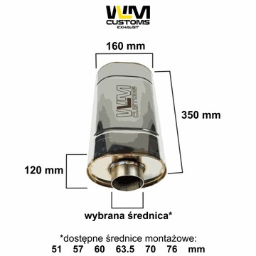 Tłumik Sportowy Przelotowy WLM 120/160 Owalny dł 350mm stal nierdzewna INOX