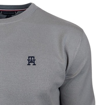 Tommy Hilfiger Sweter męski Klasyczny Gładki Szary Wiskoza r. L + Naklejka