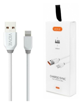 Kabel VIDVIE USB/LIGHTNING 2.4A DO IPHONE 1M biały, mocny solidny przewód