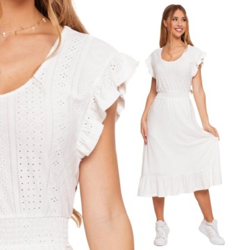 Sukienka Letnia Damska Ażurowa Midi Rozkloszowana Motylkowy Rękaw MORAJ L