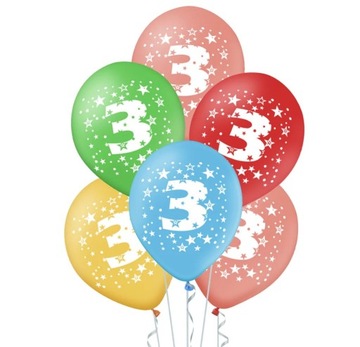 BALONY KOLOROWE Z CYFRĄ 3 TRZY URODZINOWE 5szt