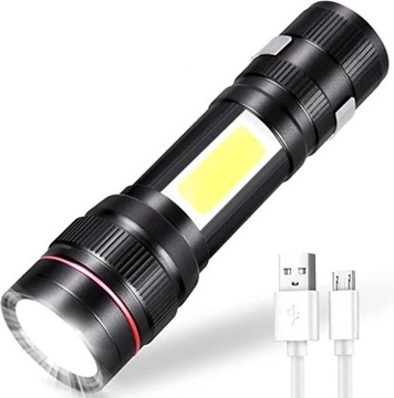 Mała MOCNA LATARKA TAKTYCZNA LED COB ZOOM T6 USB