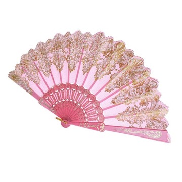 Hand Held Flower Lace Silk Cloth Folding Fan pink