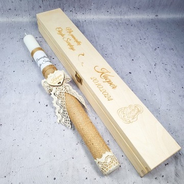 ŚWIECA NA CHRZEST SZATKA I ŚWIECA DO CHRZTU PUDEŁKO Pamiątka Chrztu Boho