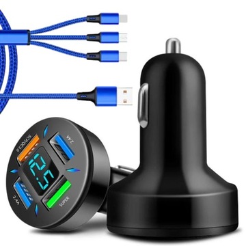 SZYBKA Ładowarka samochodowa 4xUSB 7A MOCNA 66W 3xQC SZYBKI KABEL 3W1