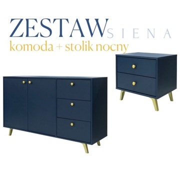 Zestaw komoda i szafka nocna SIENA ciemny błękit + złote wysokie nóżki 12cm