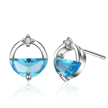 ANENJERY Silver Color Elegant Round Shape Blue Water Spring Stud Earrings
