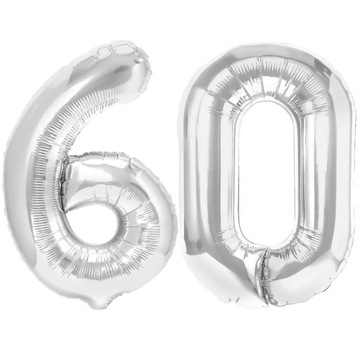 BALONY FOLIOWE CYFRY 60 SREBRNE NA URODZINY DUŻE