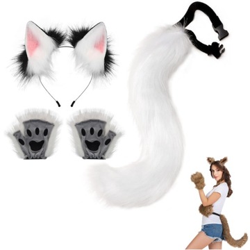 OGON KOTA LIS OGON + HEADBAND + ŁAPKI MITENKI WILK LIS FUTRZAK ZESTAW 3SZT.