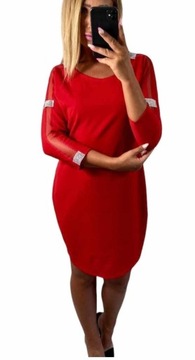 ELEGANCKA CZERWONA SUKIENKA OŁÓWKOWA tiulowy rękaw dżety 46 48 3XL 4XL