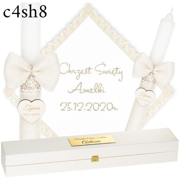ŚWIECA NA CHRZEST + PUDEŁKO SZATKA I ŚWIECA DO CHRZTU HAFT + GRAWER - BOHO