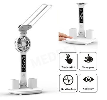 LAMPKA BIURKOWA LED 2-RAMIENNA 3BARWY ORGANIZER ZEGAR TERMOMETR WENTYLATOR