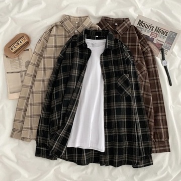 Women Shirt Plaid Oversize Turn-down Collar Leisur