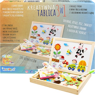 DREWNIANA TABLICA MAGNETYCZNA SUCHOŚCIERALNA UKŁADANKA PUZZLE FARMA 3W1