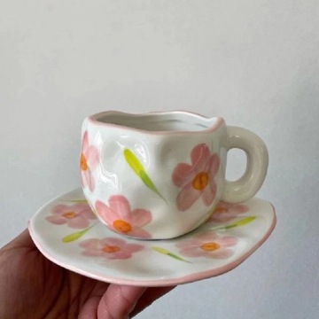 250ML Korean Style Kawaii Cute Ceramic Mugs Handmade Flower Pattern