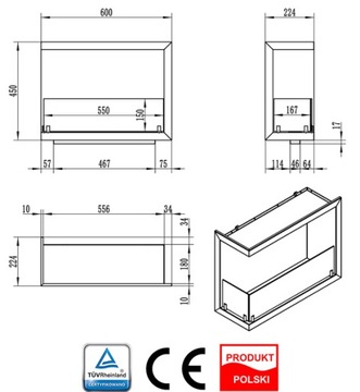 УГЛОВОЙ БИОКАМИН черный LINE-L 60см СО СТЕКЛОМ, левый