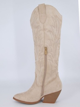 KOWBOJKI DŁUGIE KOZAKI ZAMSZOWE BUTY WIOSENNE DAMSKIE BEŻOWE 40