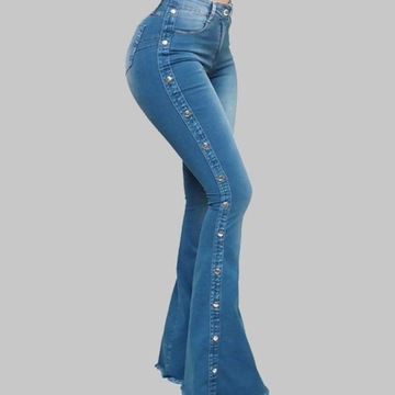 MODNE elegancka spodnie dzwony jeans push up wysoki stan szerokie nogawki