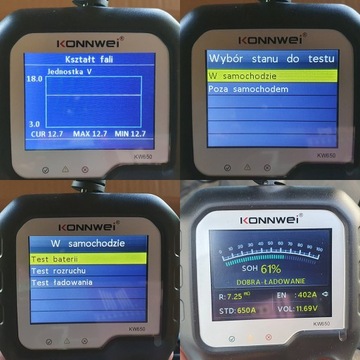 KONNWEI KW650 ТЕСТЕР АККУМУЛЯТОРА НАПРЯЖЕНИЕ ТОКА 6В 12В НА ПОЛЬСКОМ ЯЗЫКЕ