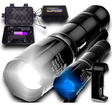 Latarka Taktyczna 2w1 LED + UV Survivalowa Zoom Wojskowa Akumulator Zestaw
