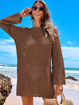Damski strój kąpielowy szydełkowy strój kąpielowy w górę letnia dzianinowa sweterkowa sukienka plażowa, L