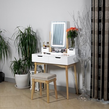 ТЮРЁМНЫЙ СТОЛИК с ЗЕРКАЛОМ и ТАБУРАТОМ, деревянный, СВЕТОДИОДНАЯ ПОДСВЕТКА, белый КОСМЕТИК