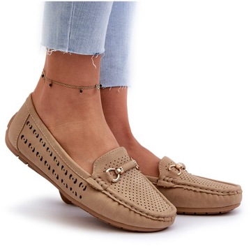 MOKASYNY DAMSKIE AŻUROWE ZE ZŁOTĄ OZDOBĄ WYGODNE BRĄZOWE 38