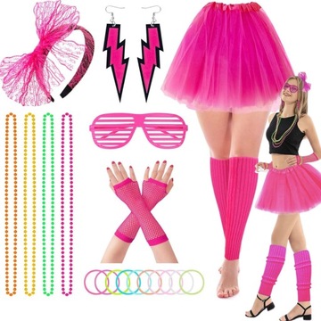 STRÓJ ZESTAW lata 80 NEON KOLCZYKI NASZYJNIK SPÓDNICA RĘKAWICZKI DISCO 8w1