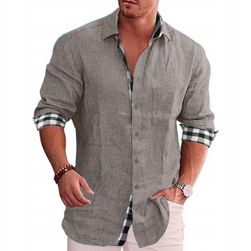 męska Przewiewna Koszula Lniana casual Koszula długi rękaw z guzikami, 4XL