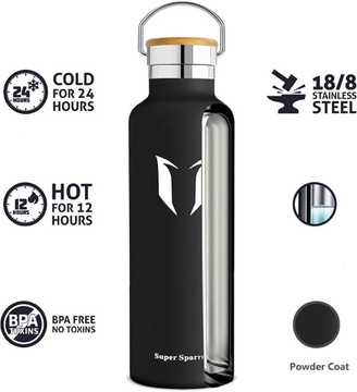 Butelka na wodę Super Sparrow - Stal nierdzewna 1000ml Czarny