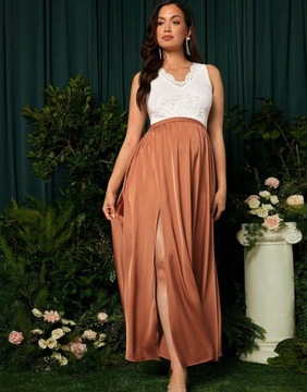 SPÓDNICA CIĄŻOWA BRĄZOWA GŁADKA KLASYCZNA ELEGANCKA ZAMEK ROZCIĘCIE SHEIN S