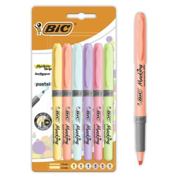BIC HIGHLIGHTER GRIP ХАЙЛАЙТЕР ШКОЛЬНЫЙ ОФИС ПАСТЕЛЬ 6 ЦВЕТОВ