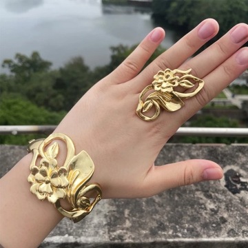 Luxury Dubai Gold Plated Bracelet Ring Copper Cuff Flower Bangle Italy Fran
