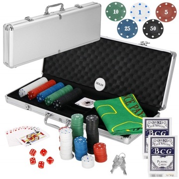 DUŻY ZESTAW DO POKERA ŻETONY 500szt GRA POKER METALOWA WALIZKA TEXAS