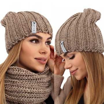 KOMPLET DAMSKI CZAPKA BEANIE SZALIK DŁUGI ZESTAW CIEPŁY ZIMOWY WEŁNA KOLORY