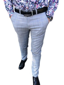 Męskie niebieskie eleganckie spodnie w kratę - 34