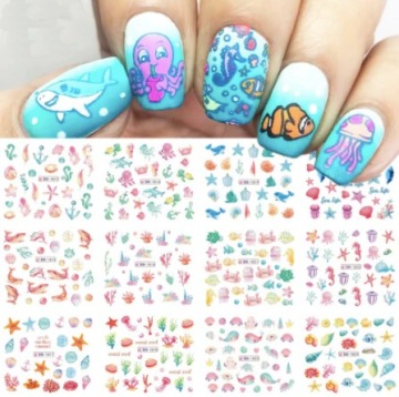 Акварельные наклейки для ногтей 12 дизайнов морские ракушки летние рифы