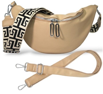 NERKA DAMSKA DUŻA BEŻOWA ELEGANCKA SPORTOWA SASZETKA 2 PASKI EKO SKÓRA