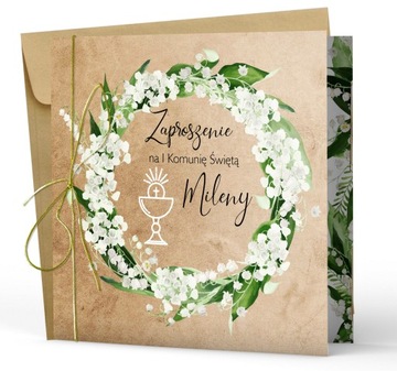 ZAPROSZENIA na komunię - PAPIER PERŁOWY + złoty sznurek, koperta