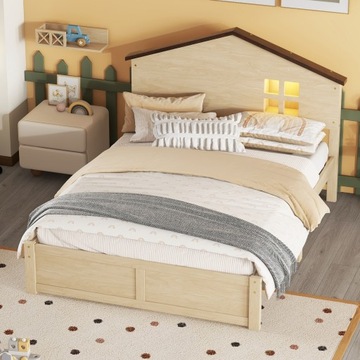 Łóżko dziecięce w kształcie domku, lampka nocna LED, lite drewno 140*200cm