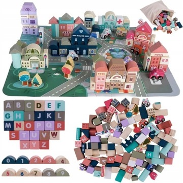 DREWNIANE KLOCKI + MATA PUZZLE MIASTO AUTA POLICJA BANK SKLEP STRAŻ SKLEP +