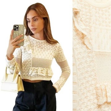 ZARA Piękny Top Crop Ecru Bluzka Falbankami LUX S