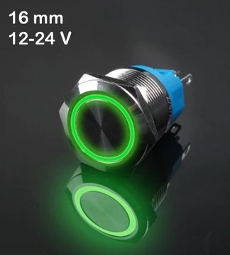 Przycisk przełącznik metalowy 16mm podświetlany LED Zielony 12V 24V mo