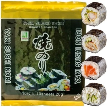 Wodorosty Nori Algi Glony Listki Liście Zwijania Sushi ZŁOTE 10 Sztuk GOLD