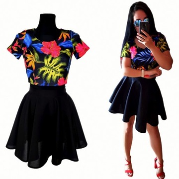 KOMPLET Bluzka TOP w KWIATY + SPÓDNICZKA CZARNA Rozkloszowana z KOŁA XS