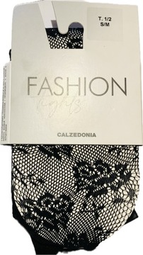 CALZEDONIA RAJSTOPY KABARETKI elegancka koronka kwiaty róże czarne S/M 1/2